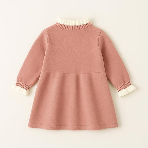Girls Winter Woollen Warm Knit Full Sleeve Sweater Dress with 3D Flower Applique