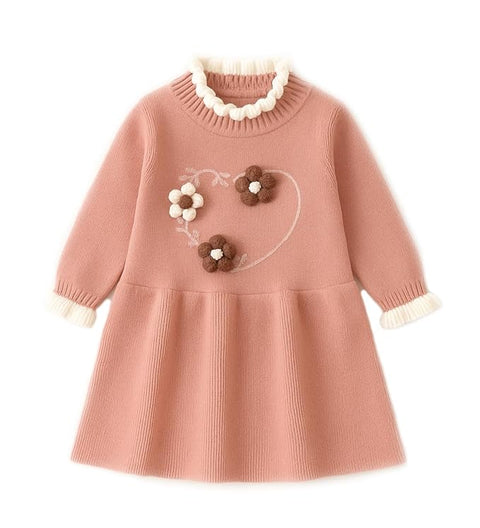 Girls Winter Woollen Warm Knit Full Sleeve Sweater Dress with 3D Flower Applique