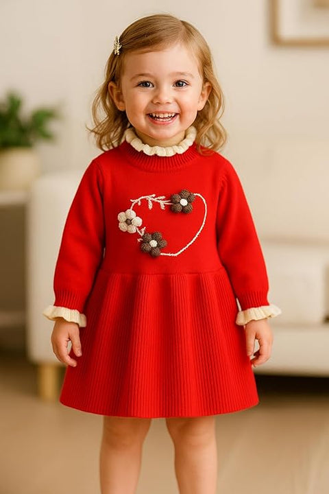 Girls Winter Woollen Warm Knit Full Sleeve Sweater Dress with 3D Flower Applique