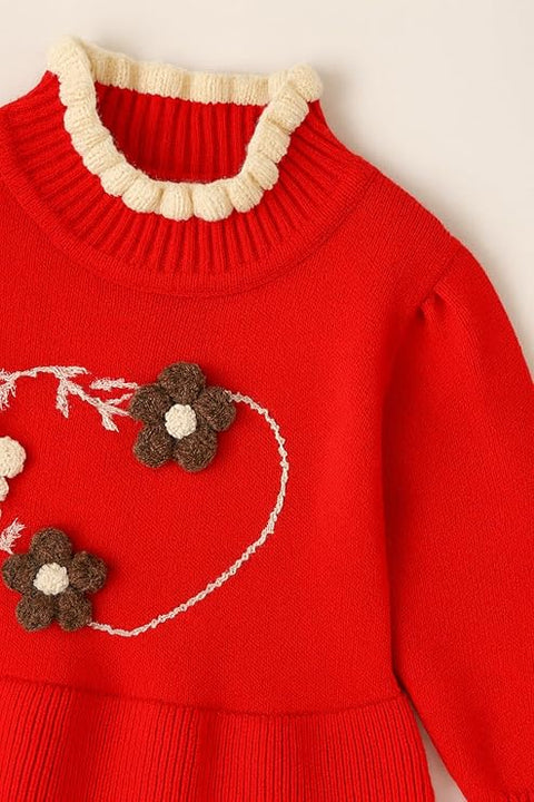 Girls Winter Woollen Warm Knit Full Sleeve Sweater Dress with 3D Flower Applique