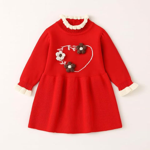 Girls Winter Woollen Warm Knit Full Sleeve Sweater Dress with 3D Flower Applique