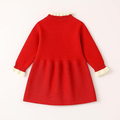Girls Winter Woollen Warm Knit Full Sleeve Sweater Dress with 3D Flower Applique