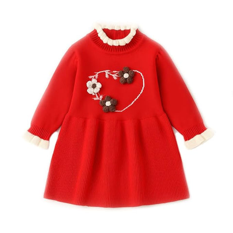 Girls Winter Woollen Warm Knit Full Sleeve Sweater Dress with 3D Flower Applique