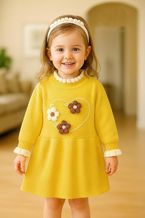 Girls Winter Woollen Warm Knit Full Sleeve Sweater Dress with 3D Flower Applique