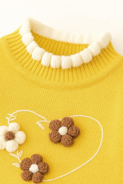Girls Winter Woollen Warm Knit Full Sleeve Sweater Dress with 3D Flower Applique