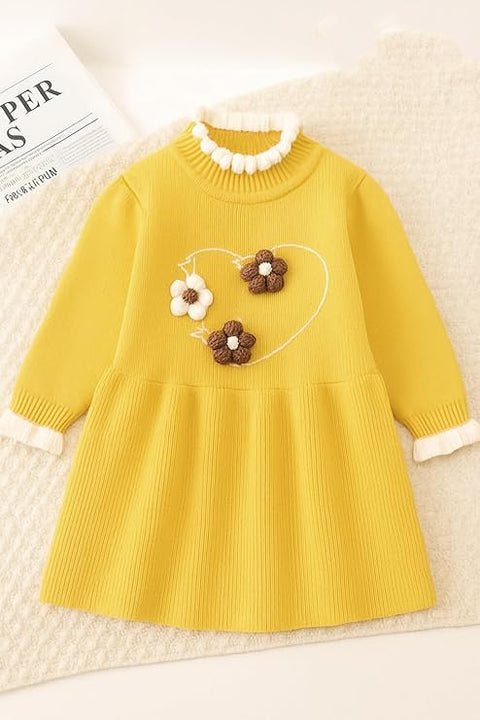 Girls Winter Woollen Warm Knit Full Sleeve Sweater Dress with 3D Flower Applique