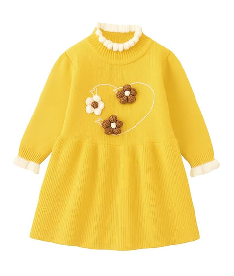 Girls Winter Woollen Warm Knit Full Sleeve Sweater Dress with 3D Flower Applique