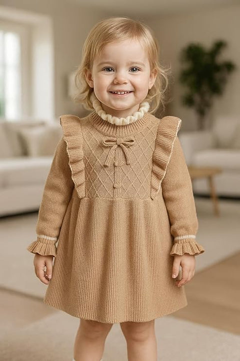 Girls Winter Woolen Sweater Dress with Ruffles & Bow