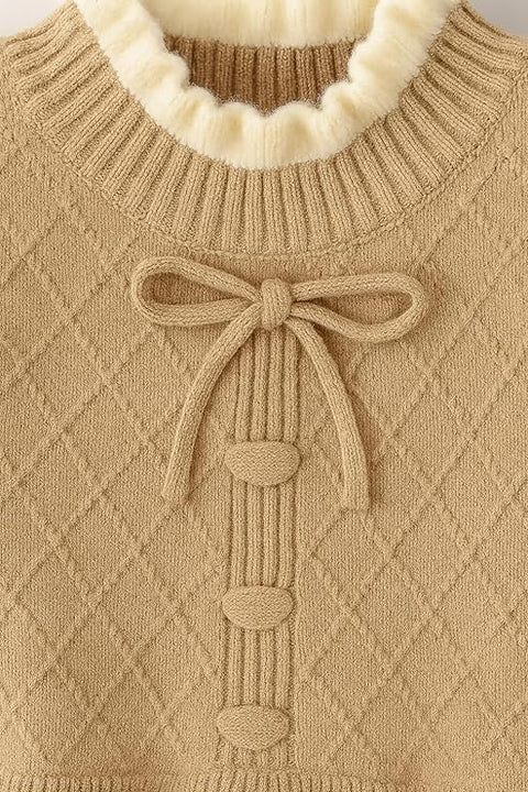 Girls Winter Woolen Sweater Dress with Ruffles & Bow