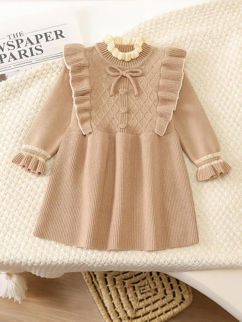 Girls Winter Woolen Sweater Dress with Ruffles & Bow