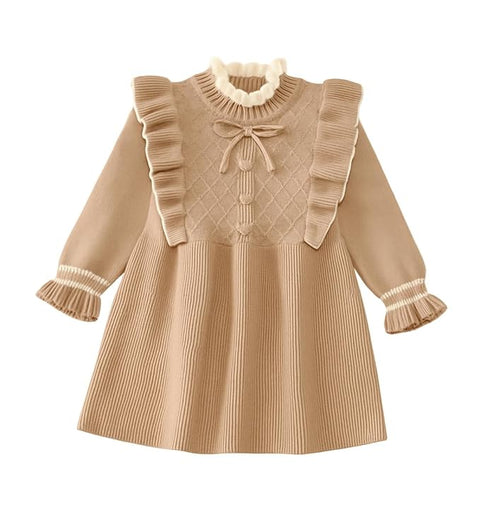 Girls Winter Woolen Sweater Dress with Ruffles & Bow