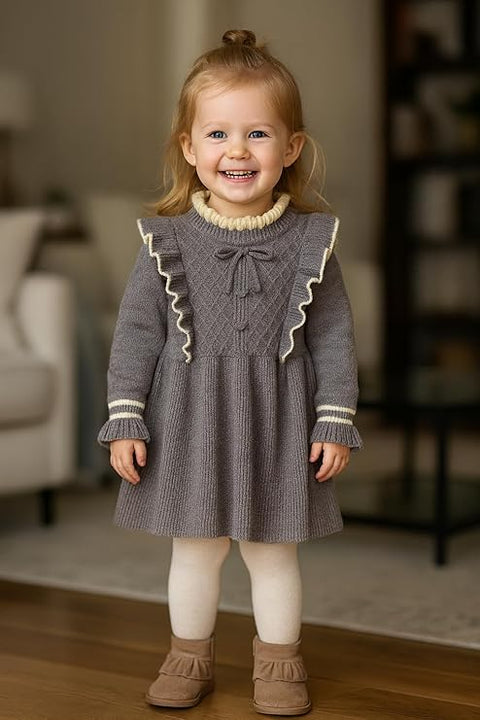 Girls Winter Woolen Sweater Dress with Ruffles & Bow
