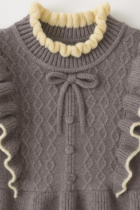 Girls Winter Woolen Sweater Dress with Ruffles & Bow