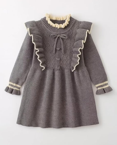 Girls Winter Woolen Sweater Dress with Ruffles & Bow