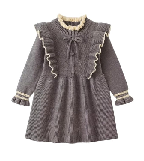 Girls Winter Woolen Sweater Dress with Ruffles & Bow