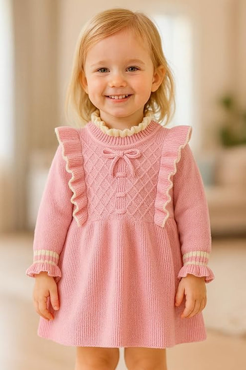 Girls Winter Woolen Sweater Dress with Ruffles & Bow