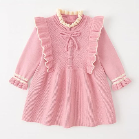 Girls Winter Woolen Sweater Dress with Ruffles & Bow