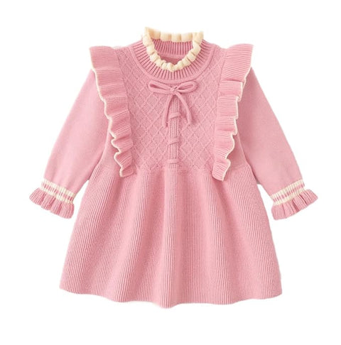 Girls Winter Woolen Sweater Dress with Ruffles & Bow
