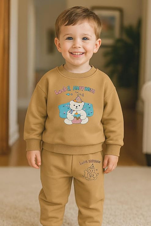 Kids Cute Cartoon Bear Fleece Sweatshirt & Jogger Set