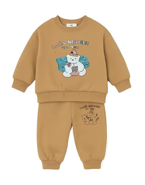Kids Cute Cartoon Bear Fleece Sweatshirt & Jogger Set
