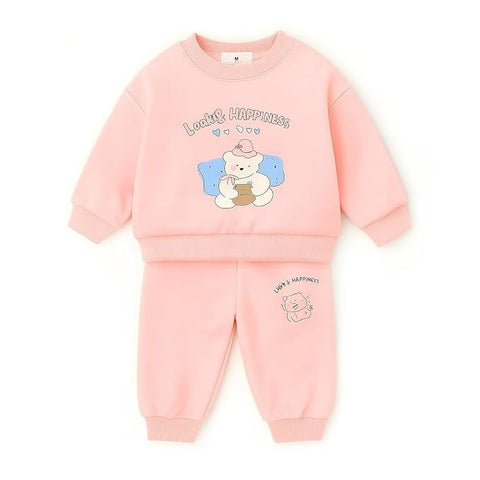 Kids Cute Cartoon Bear Fleece Sweatshirt & Jogger Set