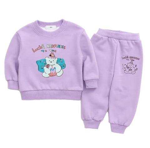 Kids Cute Cartoon Bear Fleece Sweatshirt & Jogger Set