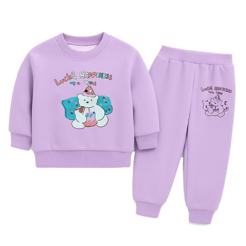 Kids Cute Cartoon Bear Fleece Sweatshirt & Jogger Set