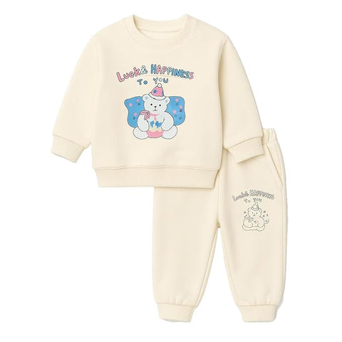 Kids Cute Cartoon Bear Fleece Sweatshirt & Jogger Set