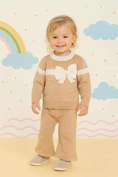 Baby Girl Knitted Sweater Top with 3D Bow & Flared Pants Warm Winter Co-ord Set