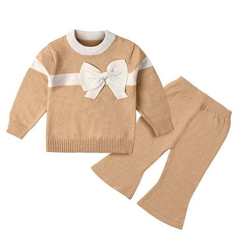 Baby Girl Knitted Sweater Top with 3D Bow & Flared Pants Warm Winter Co-ord Set