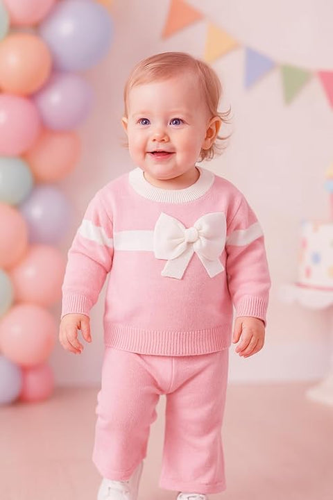 Baby Girl Knitted Sweater Top with 3D Bow & Flared Pants Warm Winter Co-ord Set