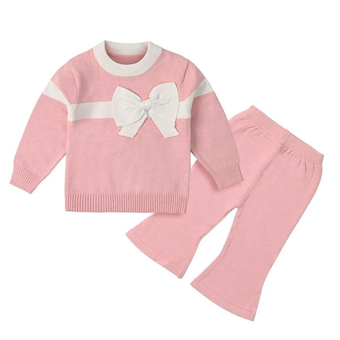 Baby Girl Knitted Sweater Top with 3D Bow & Flared Pants Warm Winter Co-ord Set