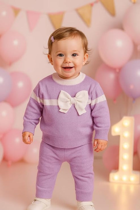 Baby Girl Knitted Sweater Top with 3D Bow & Flared Pants Warm Winter Co-ord Set