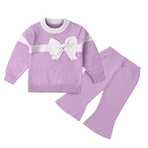 Baby Girl Knitted Sweater Top with 3D Bow & Flared Pants Warm Winter Co-ord Set