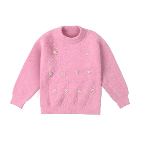 Girl Knit Sweater Top with Pearl Floral Embellishments and Flared Pants Winter Party Dress