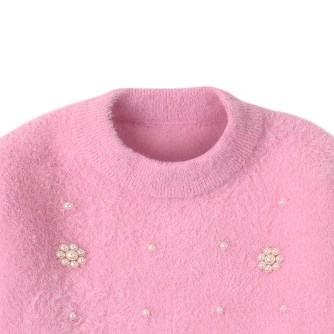 Girl Knit Sweater Top with Pearl Floral Embellishments and Flared Pants Winter Party Dress