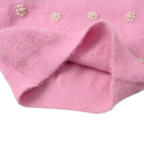 Girl Knit Sweater Top with Pearl Floral Embellishments and Flared Pants Winter Party Dress