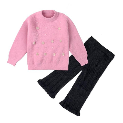 Girl Knit Sweater Top with Pearl Floral Embellishments and Flared Pants Winter Party Dress