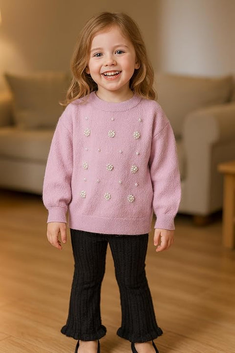Girl Knit Sweater Top with Pearl Floral Embellishments and Flared Pants Winter Party Dress