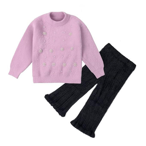 Girl Knit Sweater Top with Pearl Floral Embellishments and Flared Pants Winter Party Dress