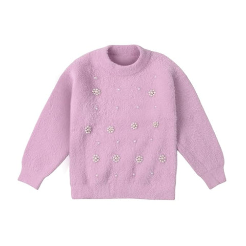Girl Knit Sweater Top with Pearl Floral Embellishments and Flared Pants Winter Party Dress