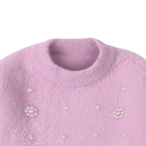 Girl Knit Sweater Top with Pearl Floral Embellishments and Flared Pants Winter Party Dress