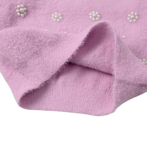 Girl Knit Sweater Top with Pearl Floral Embellishments and Flared Pants Winter Party Dress