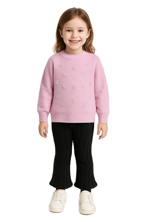 Girl Knit Sweater Top with Pearl Floral Embellishments and Flared Pants Winter Party Dress