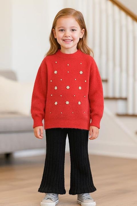 Girl Knit Sweater Top with Pearl Floral Embellishments and Flared Pants Winter Party Dress