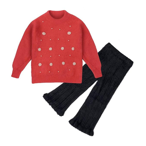 Girl Knit Sweater Top with Pearl Floral Embellishments and Flared Pants Winter Party Dress