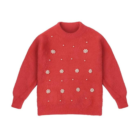 Girl Knit Sweater Top with Pearl Floral Embellishments and Flared Pants Winter Party Dress