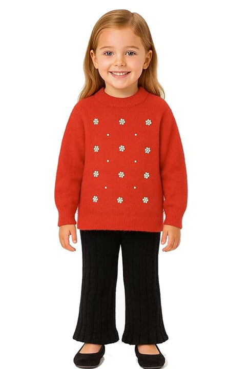 Girl Knit Sweater Top with Pearl Floral Embellishments and Flared Pants Winter Party Dress