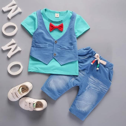 Boys Ice-blue Waistcoat & Red Bow Attached T-shirt & Short Set