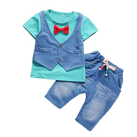 Boys Ice-blue Waistcoat & Red Bow Attached T-shirt & Short Set